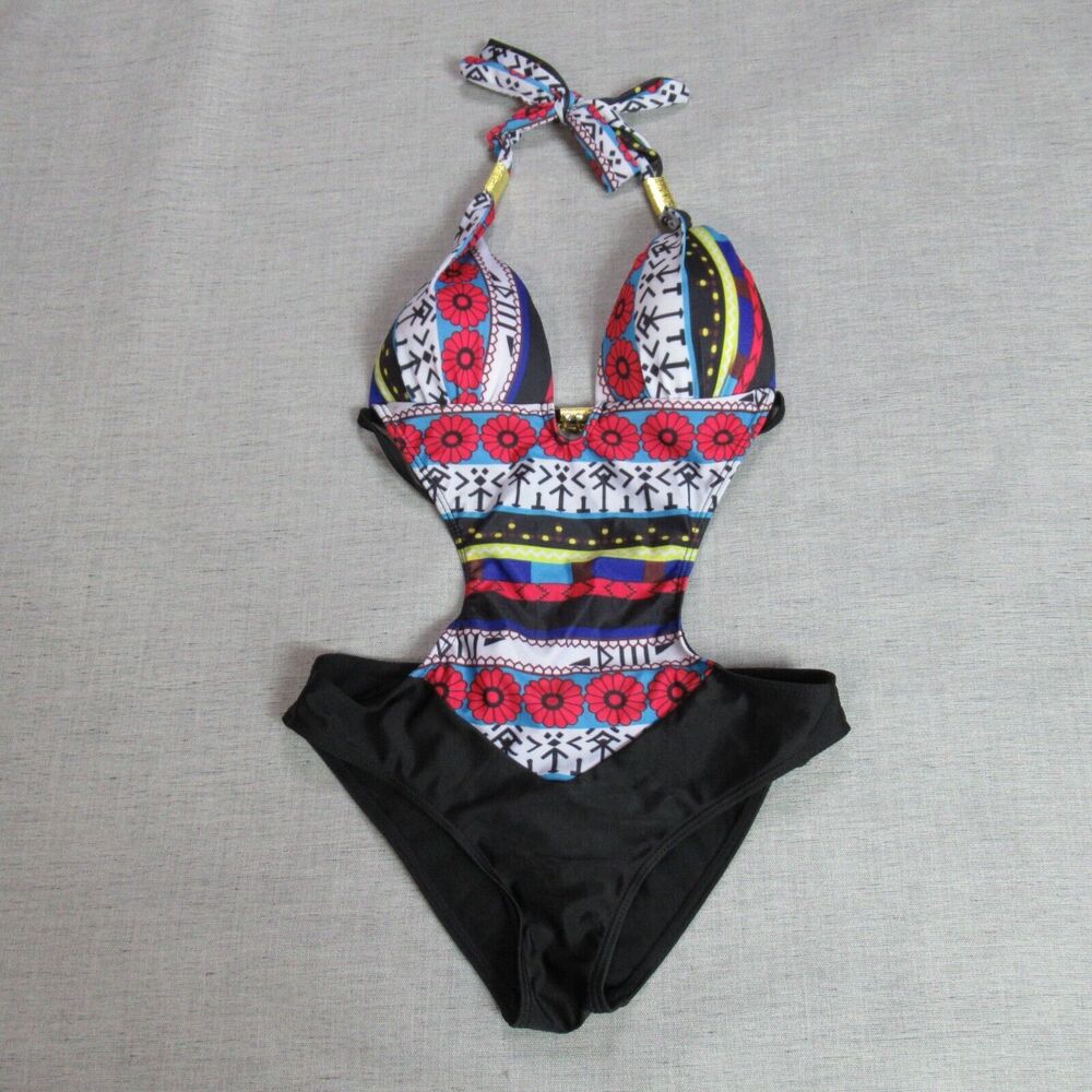 POO CHAI Swimsuit Women M Black Multicolor Halter One Piece Bathing Suit Tribal
